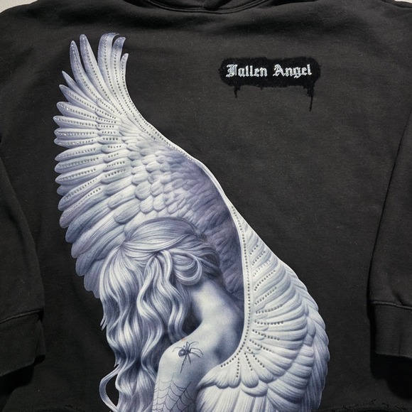 ROKUSTUDIO Fallen Angel Graphic Hoodie Black Rhinestone Wings Spider Size S
